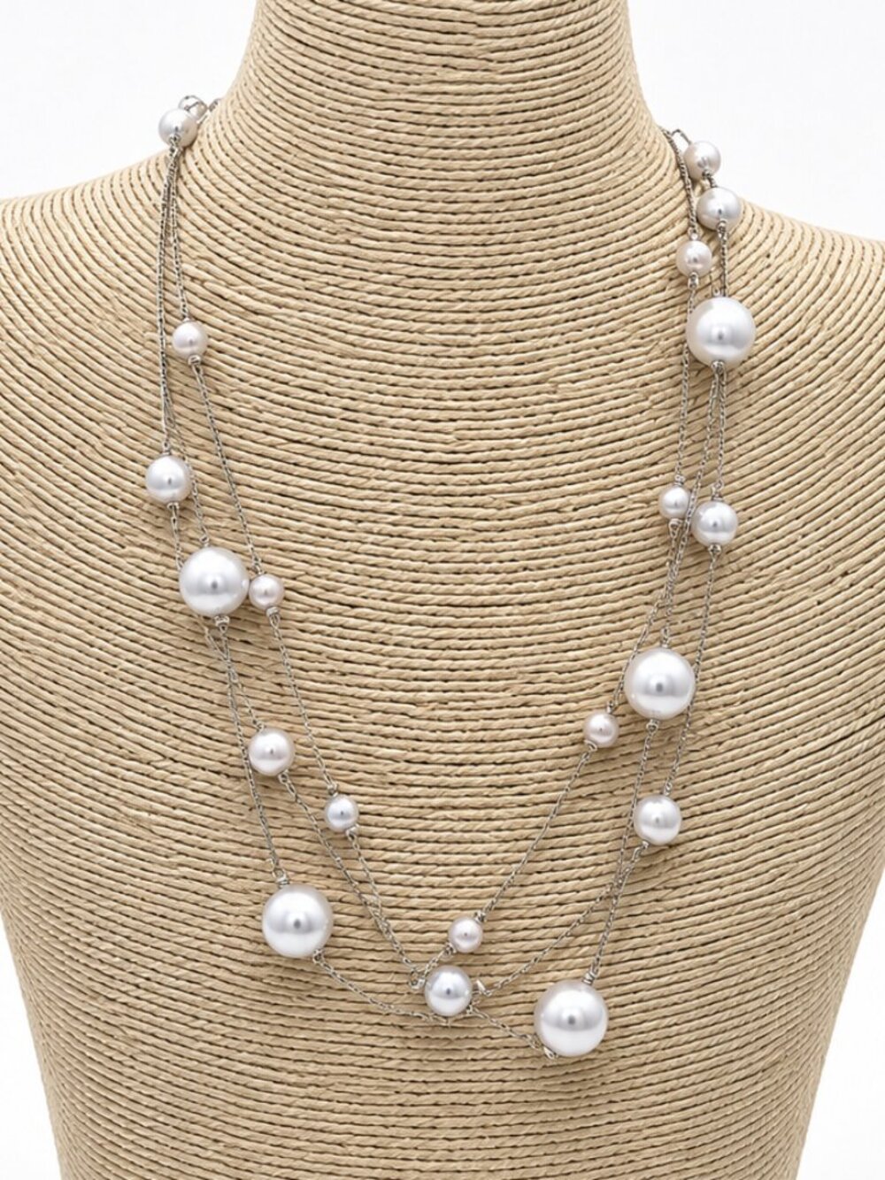 RMN Faux Pearl Multi Strand Silver Tone Necklace Statement Jewelry